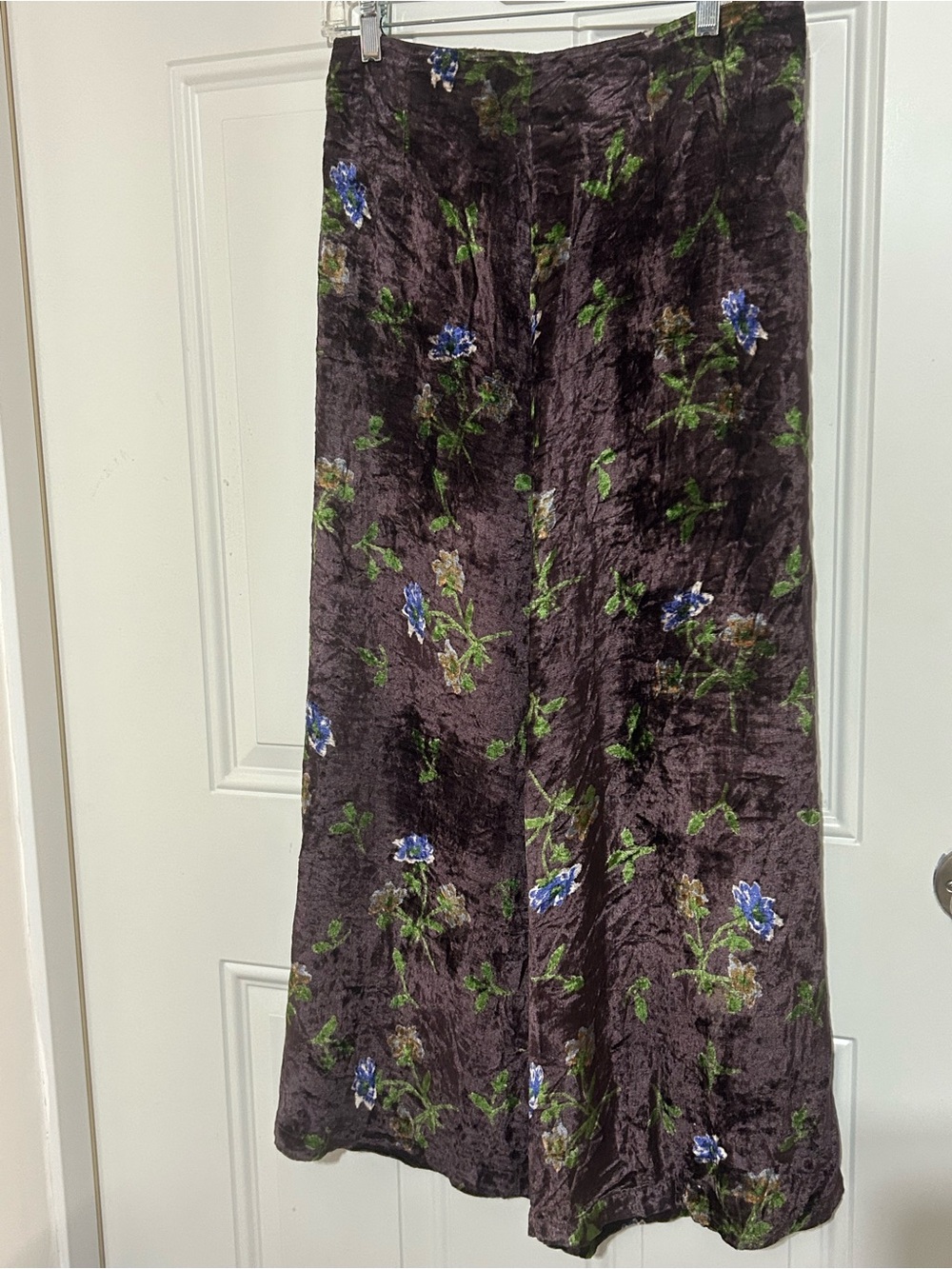 Anthropologie Plum Velvet Maxi Skirt with Blue and Green Floral Embroidery